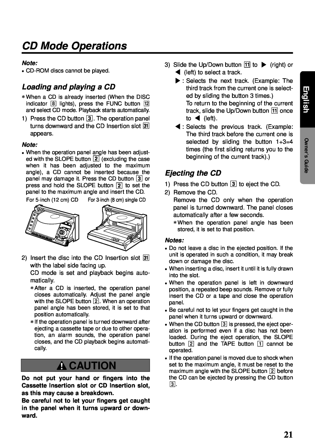 Clarion compact disc manual CD Mode Operations, Loading and playing a CD, Ejecting the CD, English Owner’s Guide 