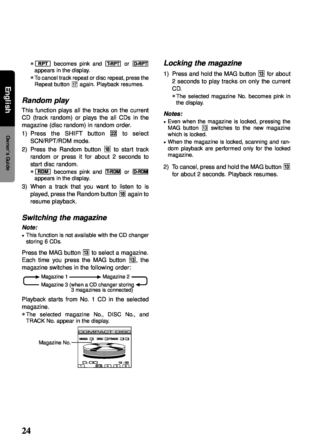Clarion compact disc manual Switching the magazine, Locking the magazine, Random play, English Owner’s Guide 