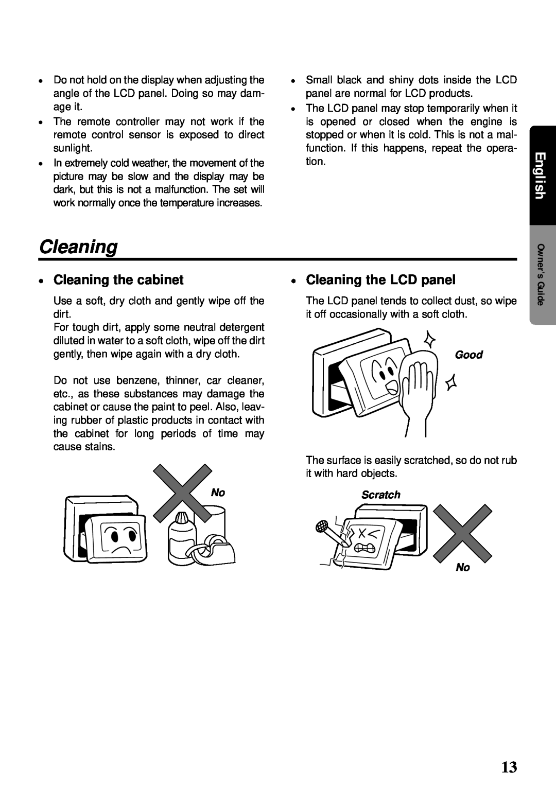 Clarion compact disc manual Cleaning the cabinet, Cleaning the LCD panel, Good, English 