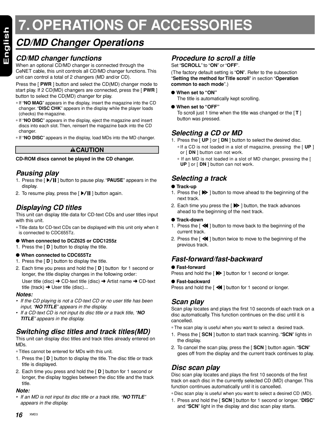 Clarion Compact Discs manual Operations of Accessories, CD/MD Changer Operations 