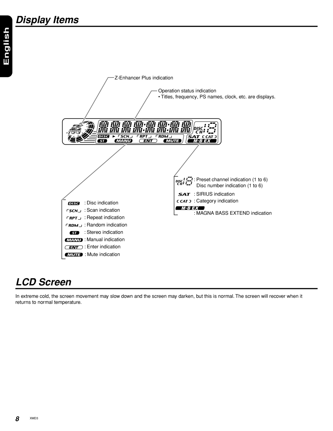 Clarion Compact Discs manual Display Items, LCD Screen 