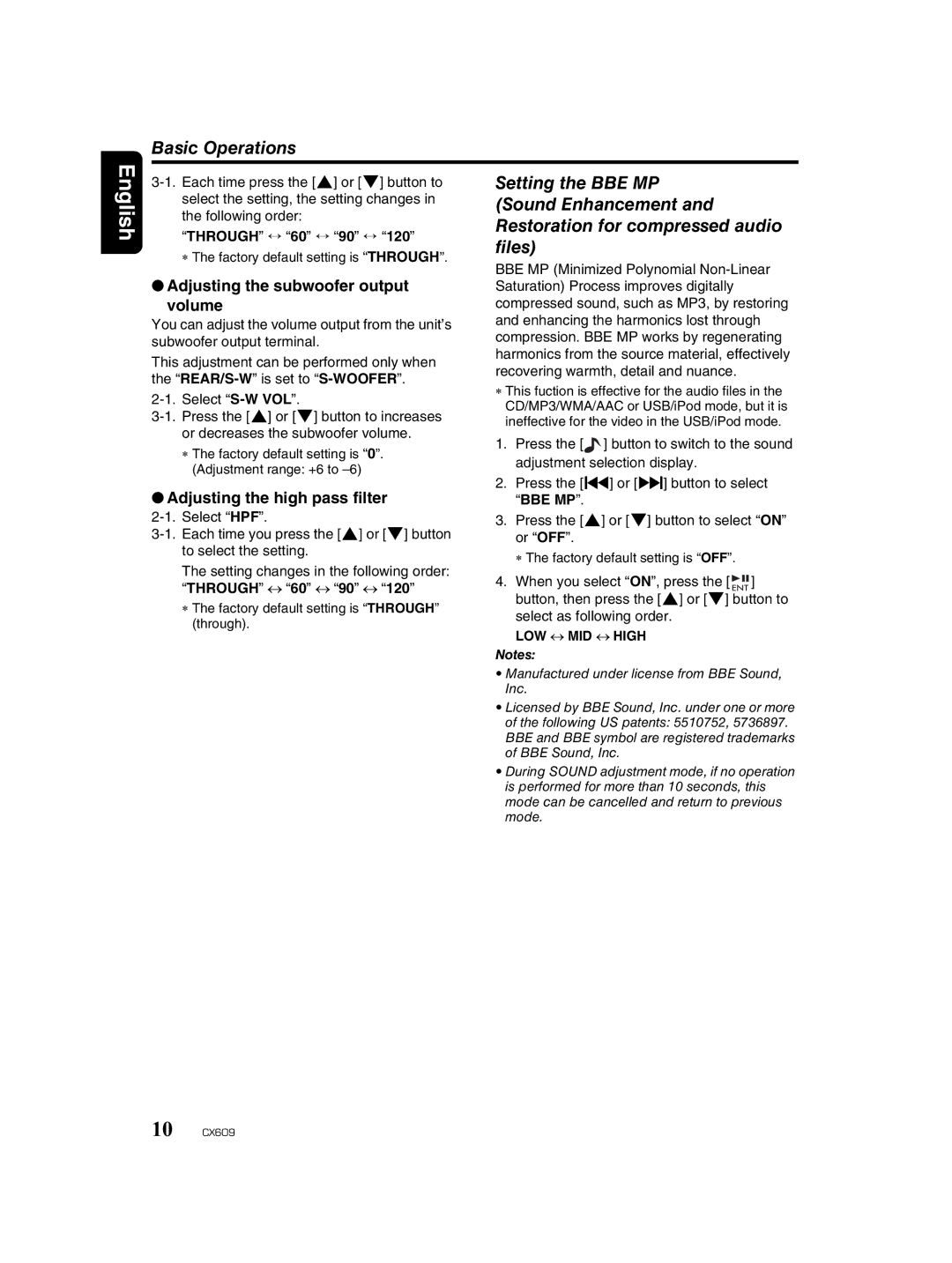 Clarion CX609 owner manual Setting the BBE MP, Sound Enhancement, Restoration for compressed audio, Files 