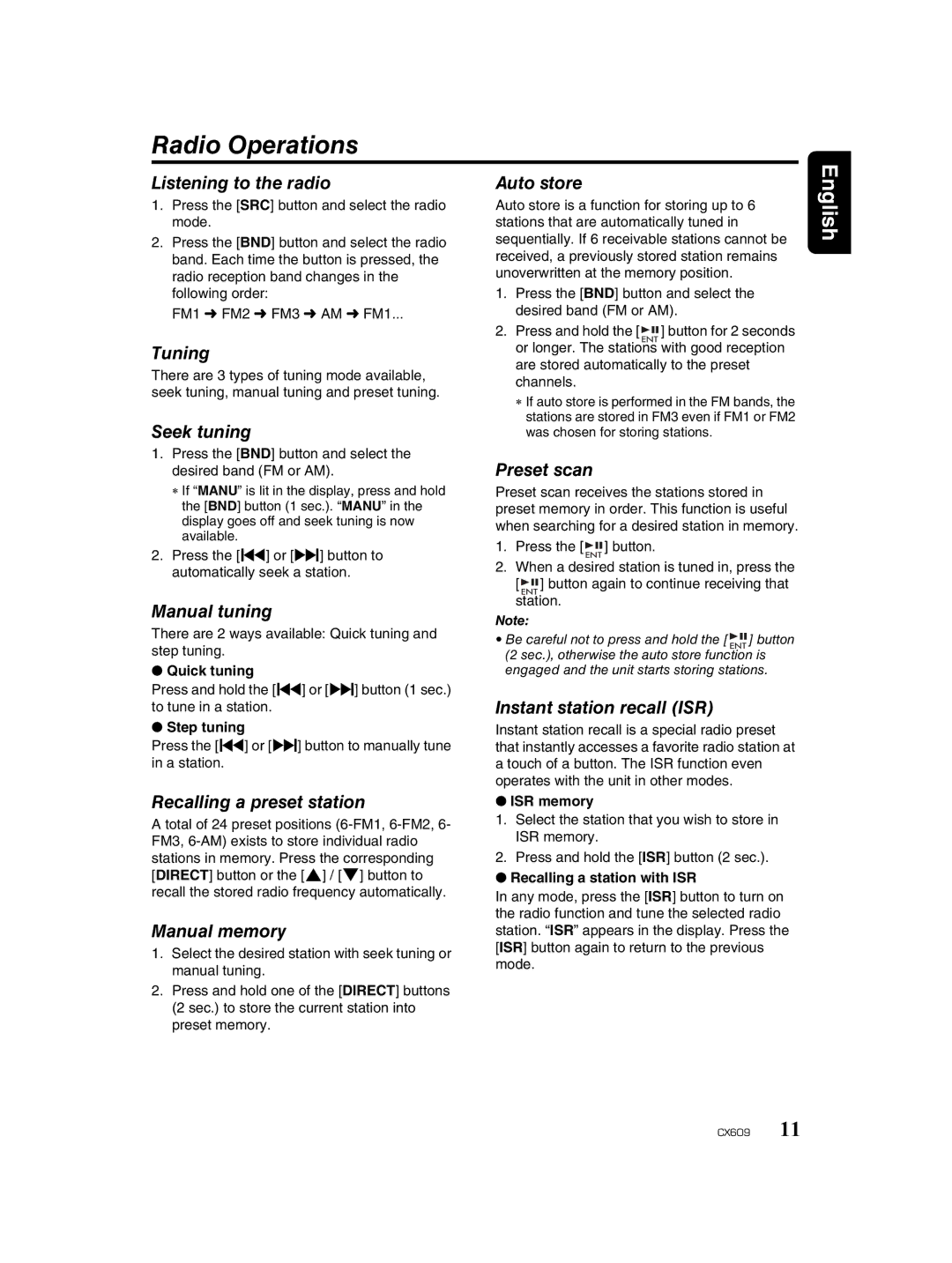 Clarion CX609 owner manual Radio Operations 