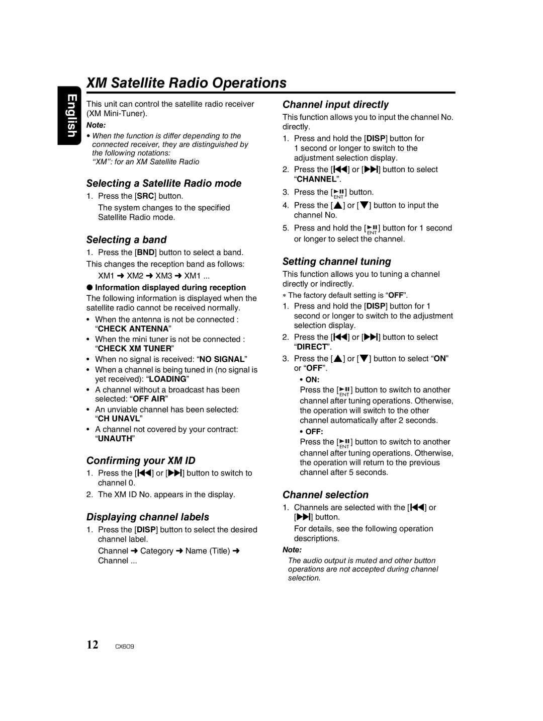 Clarion CX609 owner manual XM Satellite Radio Operations 