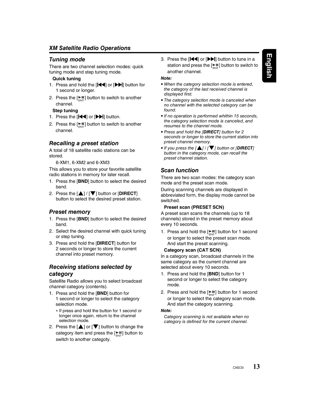 Clarion CX609 XM Satellite Radio Operations Tuning mode, Preset memory, Receiving stations selected by category 