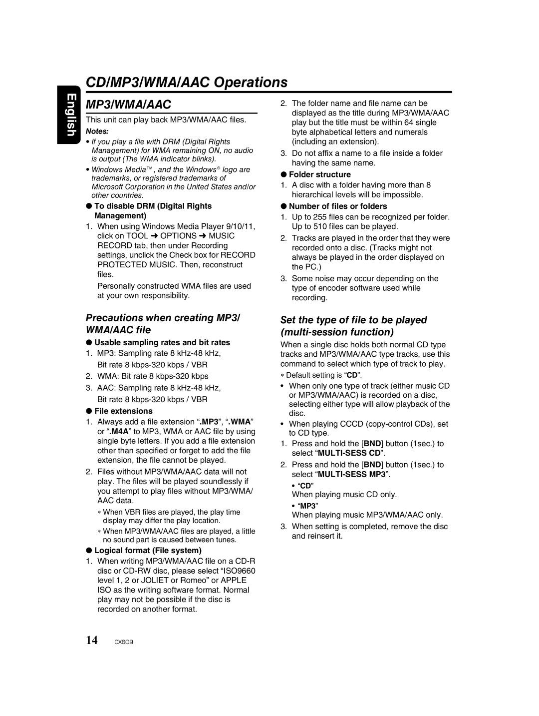 Clarion CX609 owner manual CD/MP3/WMA/AAC Operations, Precautions when creating MP3/ WMA/AAC file 