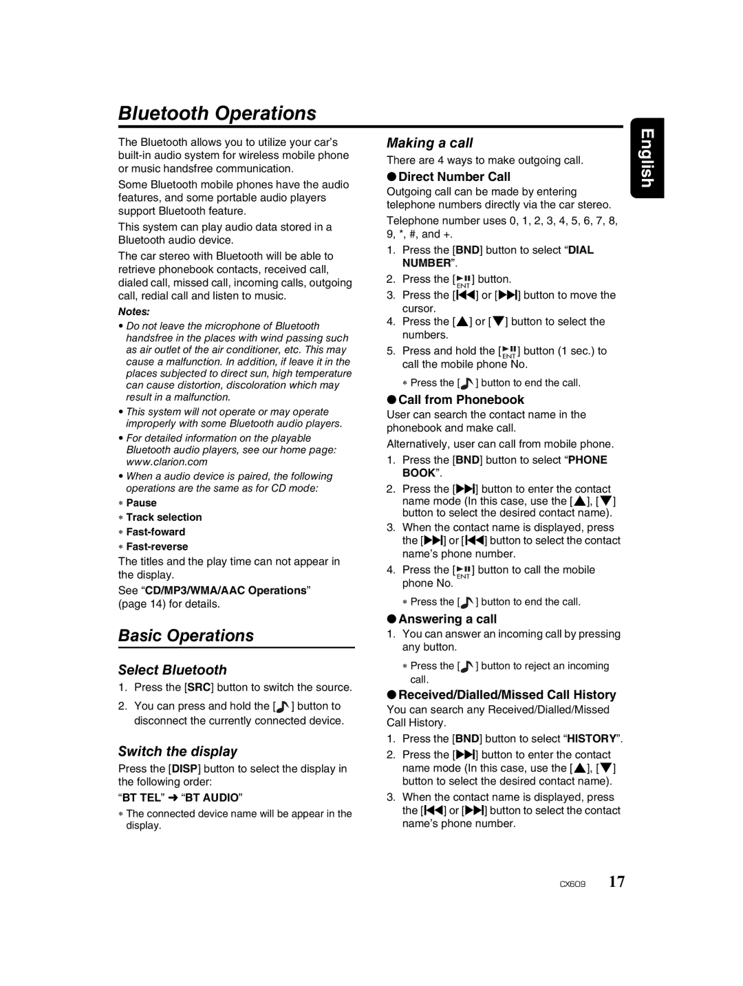 Clarion CX609 owner manual Bluetooth Operations, Making a call, Select Bluetooth, Switch the display 