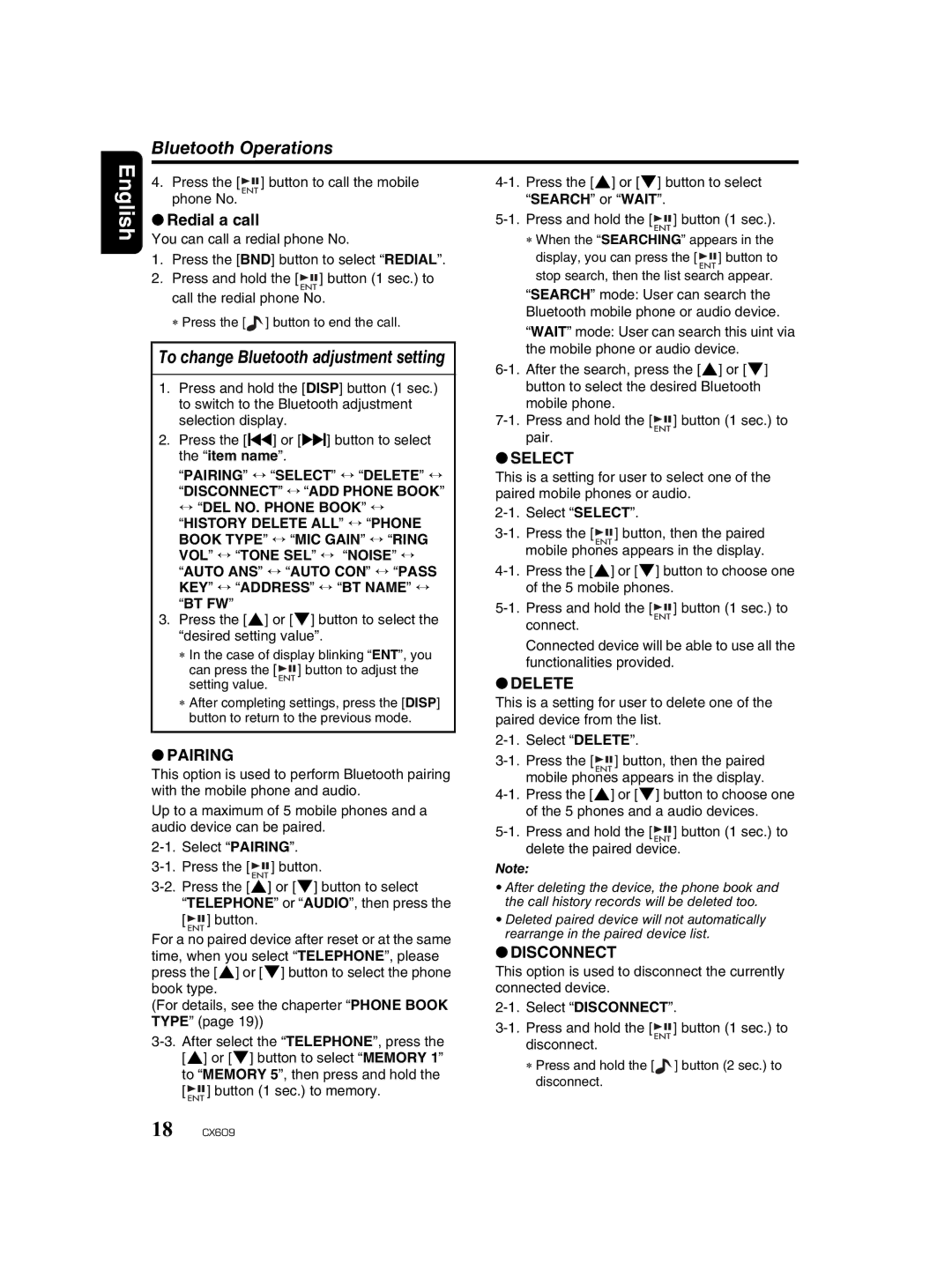 Clarion CX609 owner manual Bluetooth Operations, To change Bluetooth adjustment setting, Redial a call 