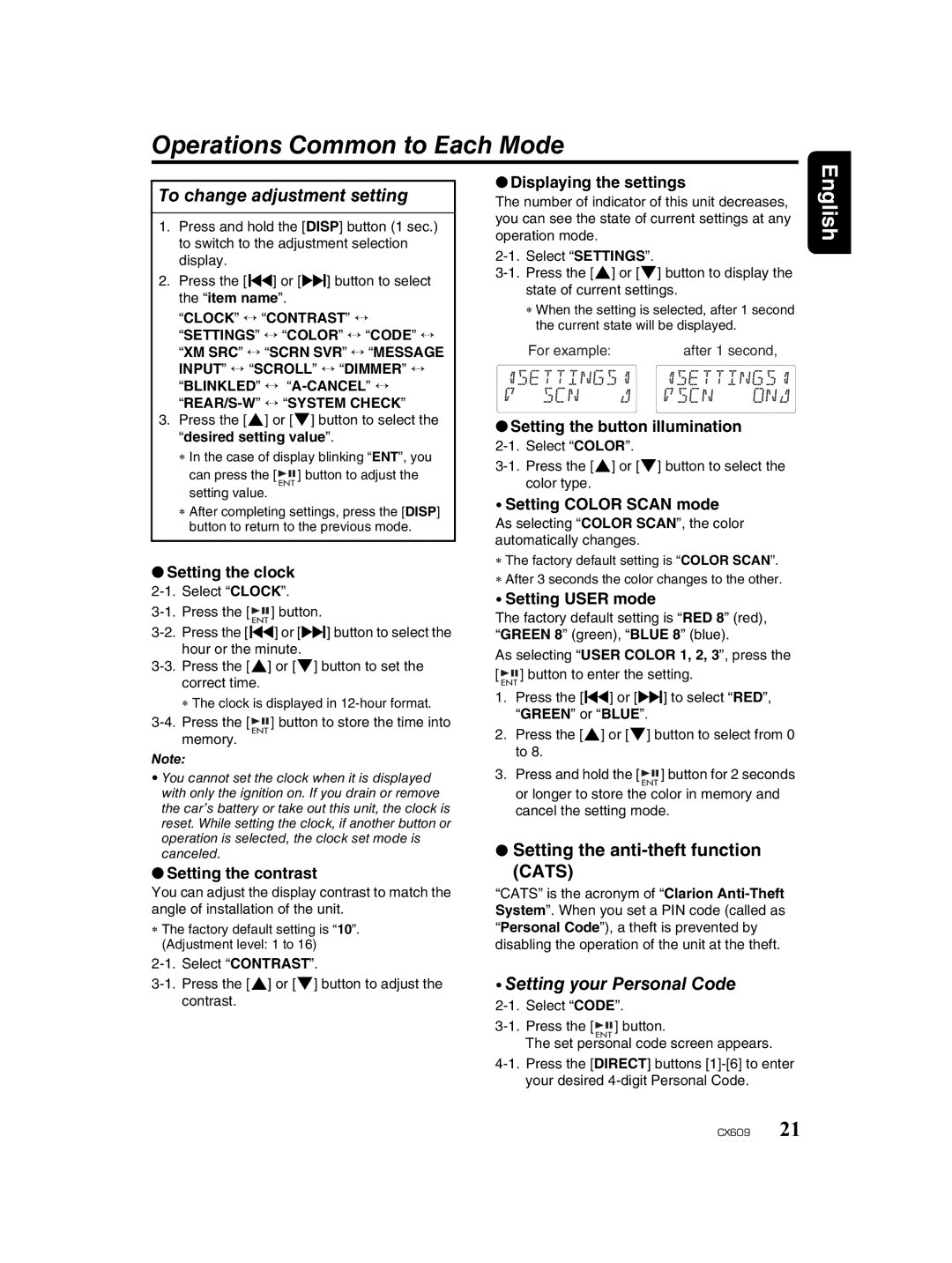 Clarion CX609 owner manual Operations Common to Each Mode, To change adjustment setting, Setting your Personal Code 