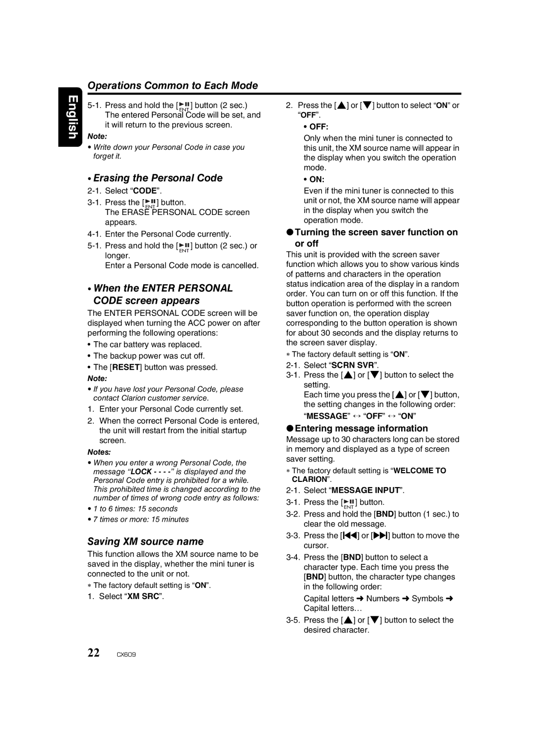 Clarion CX609 Operations Common to Each Mode, Erasing the Personal Code, When the Enter Personal Code screen appears 