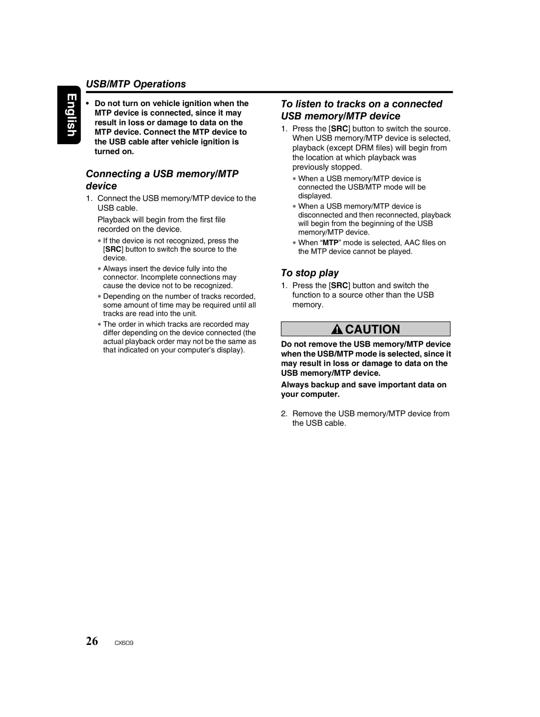 Clarion CX609 owner manual USB/MTP Operations, Connecting a USB memory/MTP device, To stop play 