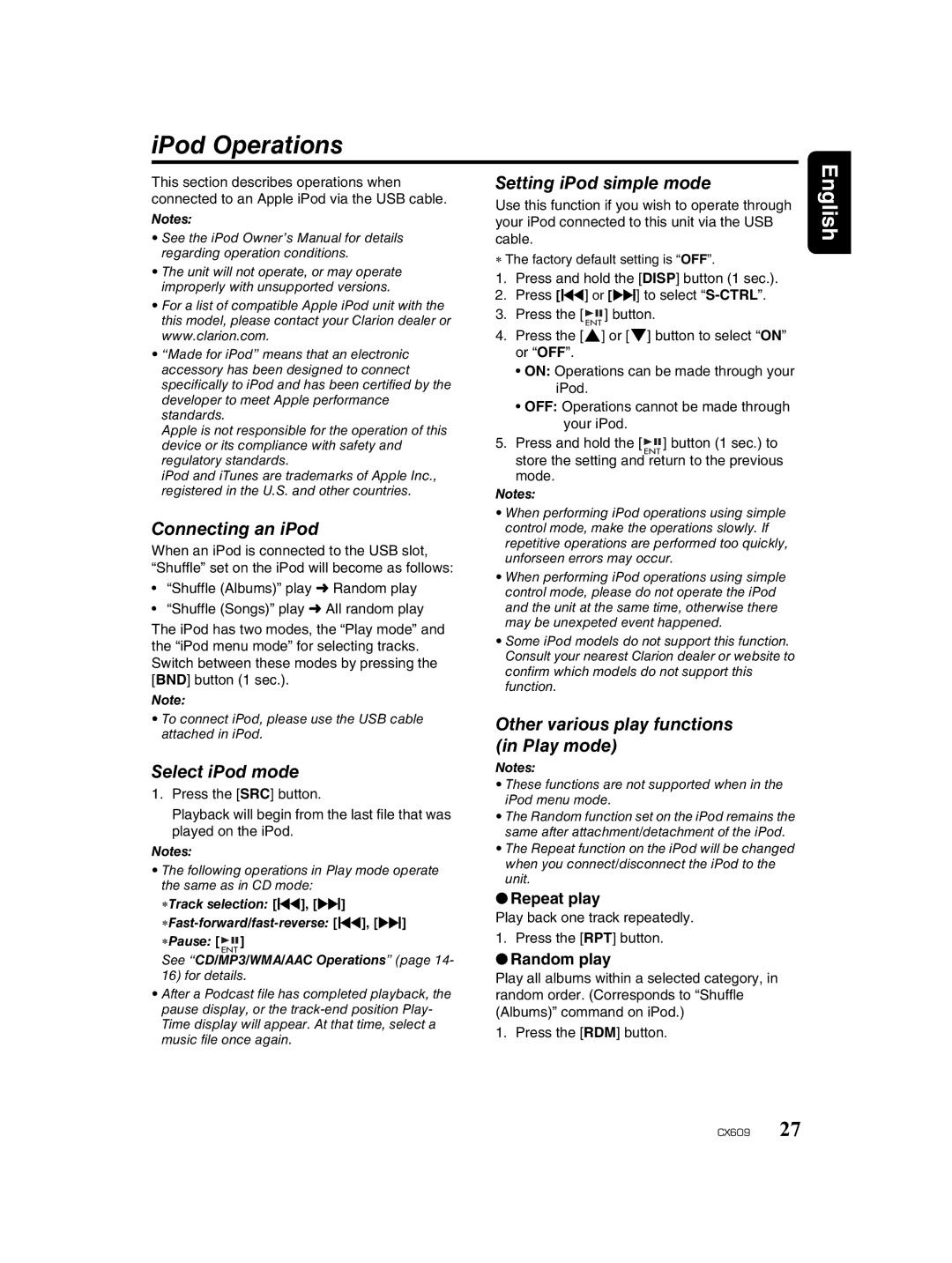 Clarion CX609 owner manual IPod Operations, Connecting an iPod, Select iPod mode, Setting iPod simple mode 