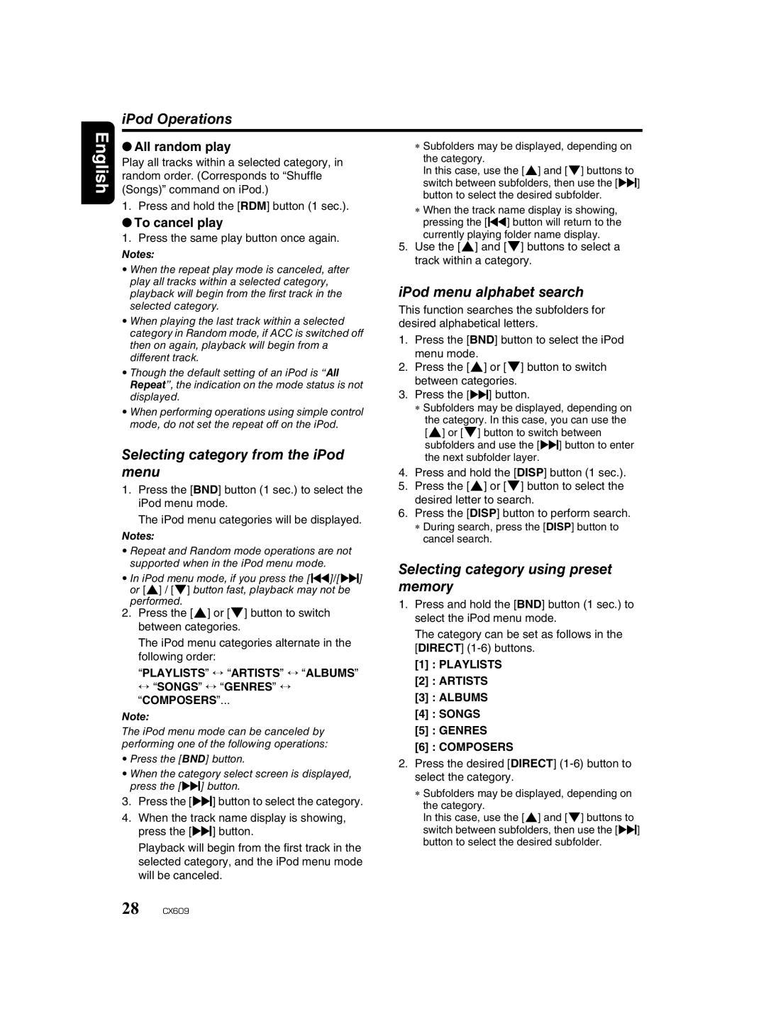Clarion CX609 IPod Operations, Selecting category from the iPod menu, IPod menu alphabet search, All random play 