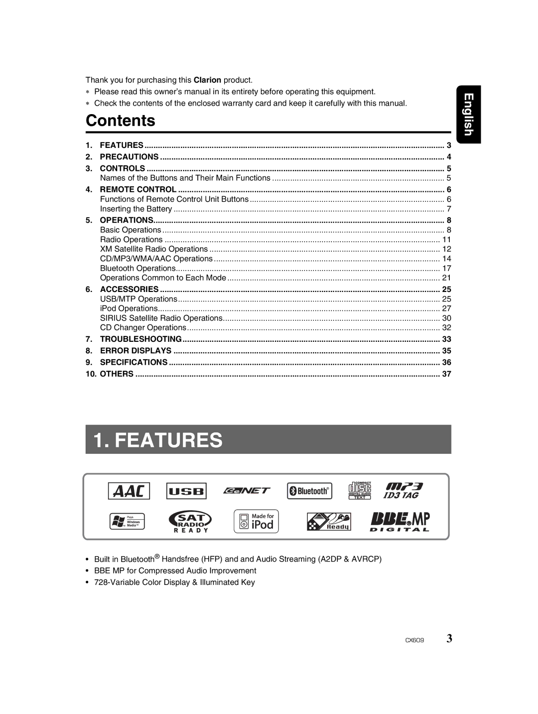 Clarion CX609 owner manual Features, Contents 