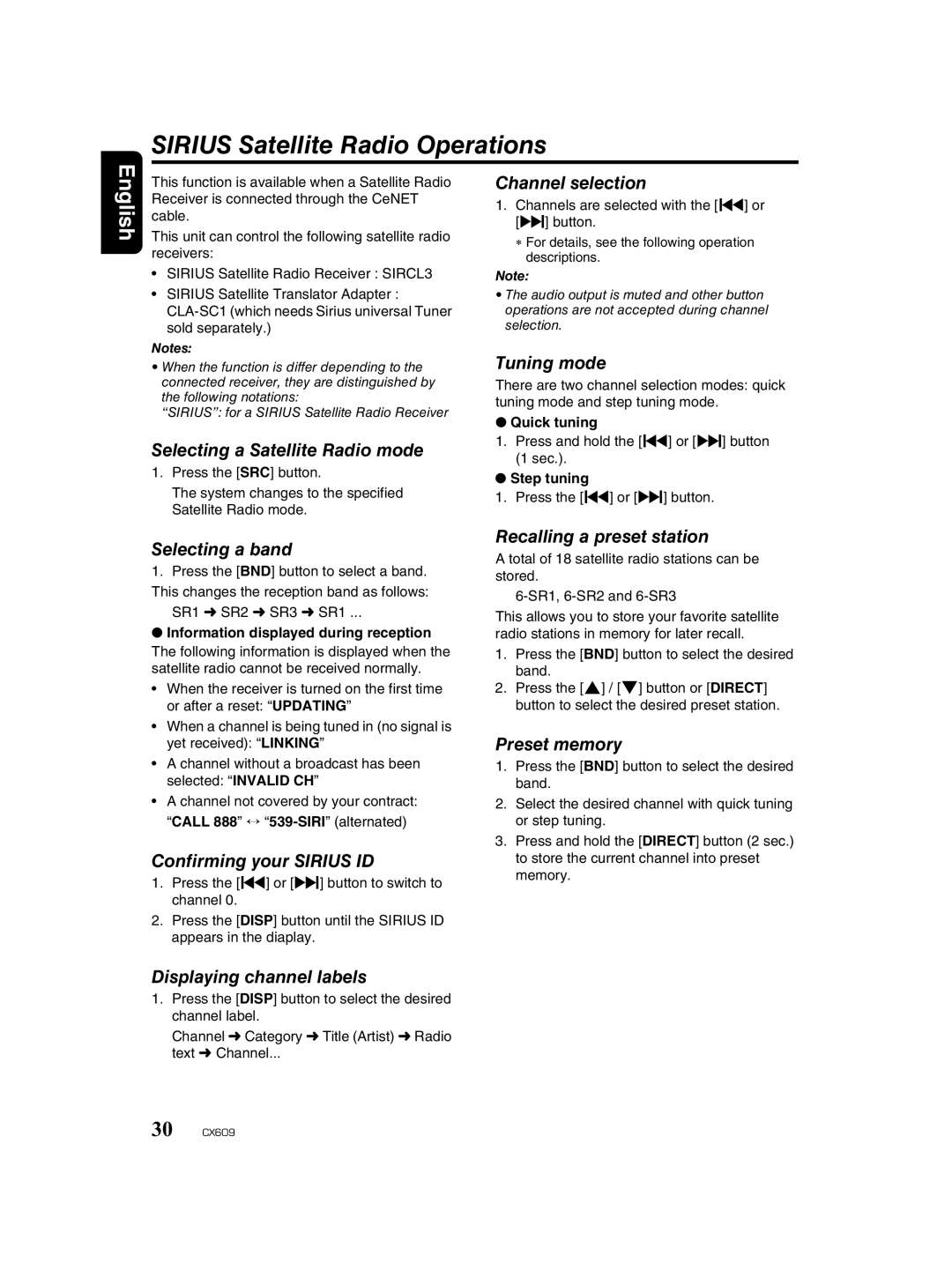 Clarion CX609 Sirius Satellite Radio Operations, Confirming your Sirius ID, Channels are selected with the x or v button 