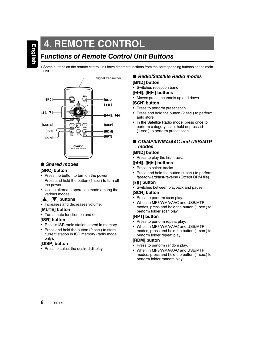 Clarion CX609 owner manual Functions of Remote Control Unit Buttons, Shared modes, Radio/Satellite Radio modes 