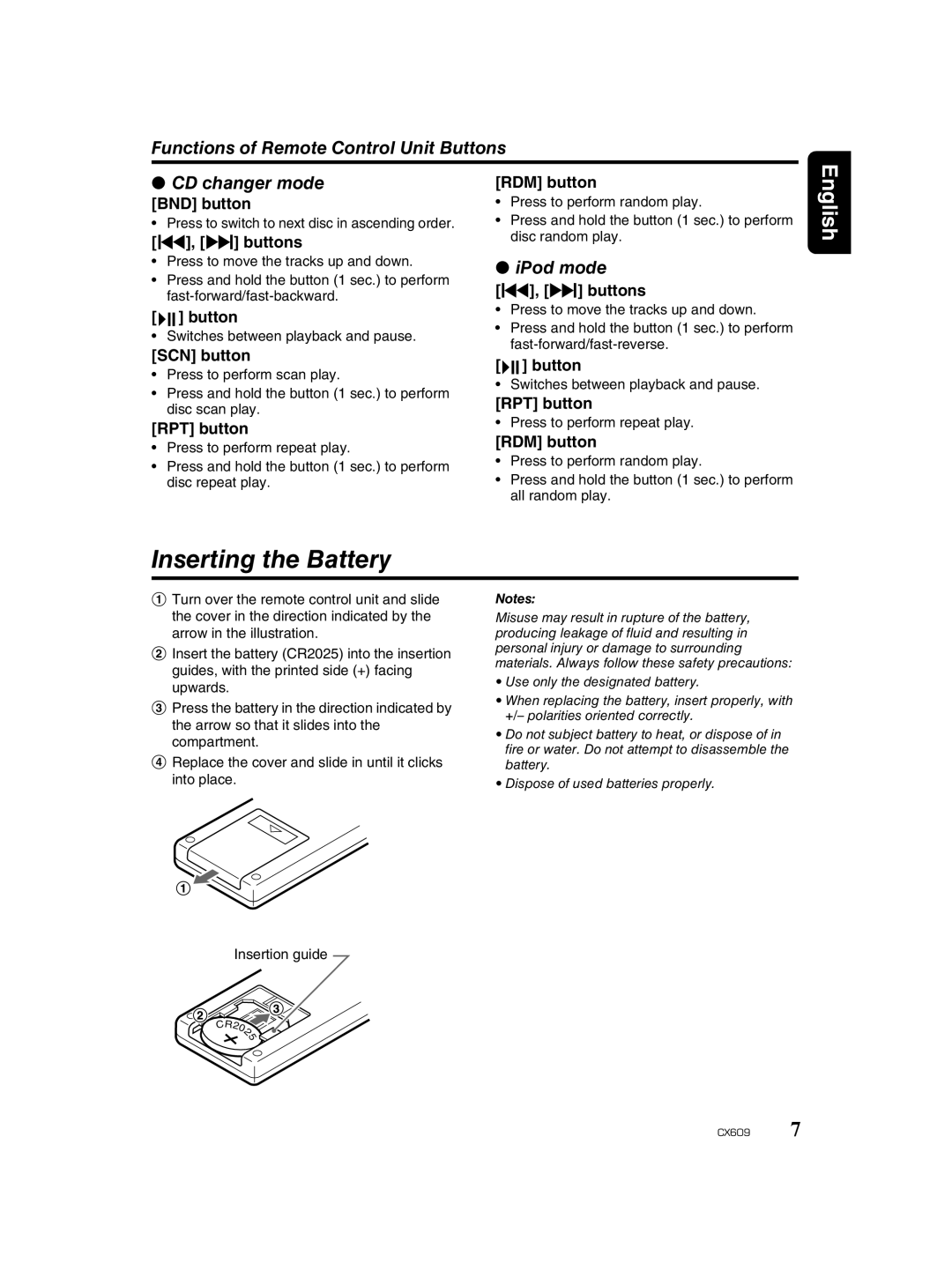 Clarion CX609 owner manual Inserting the Battery, Functions of Remote Control Unit Buttons CD changer mode, IPod mode 