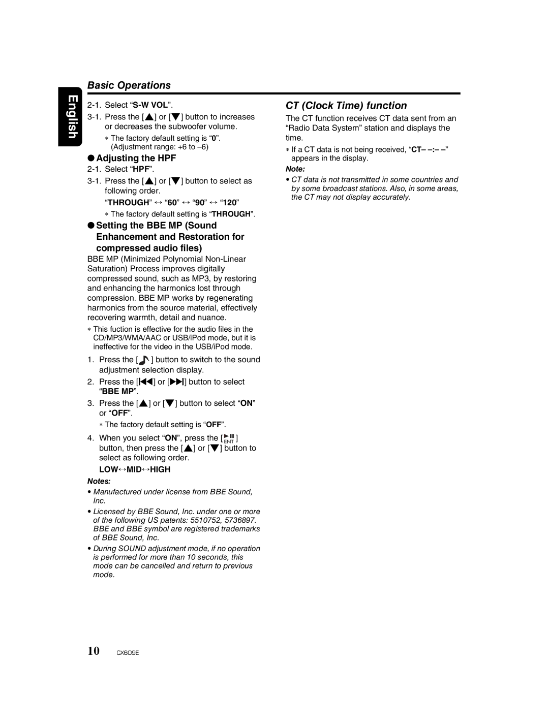 Clarion CX609E owner manual CT Clock Time function, Adjusting the HPF 