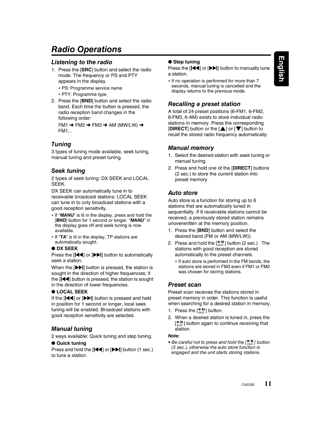 Clarion CX609E owner manual Radio Operations 