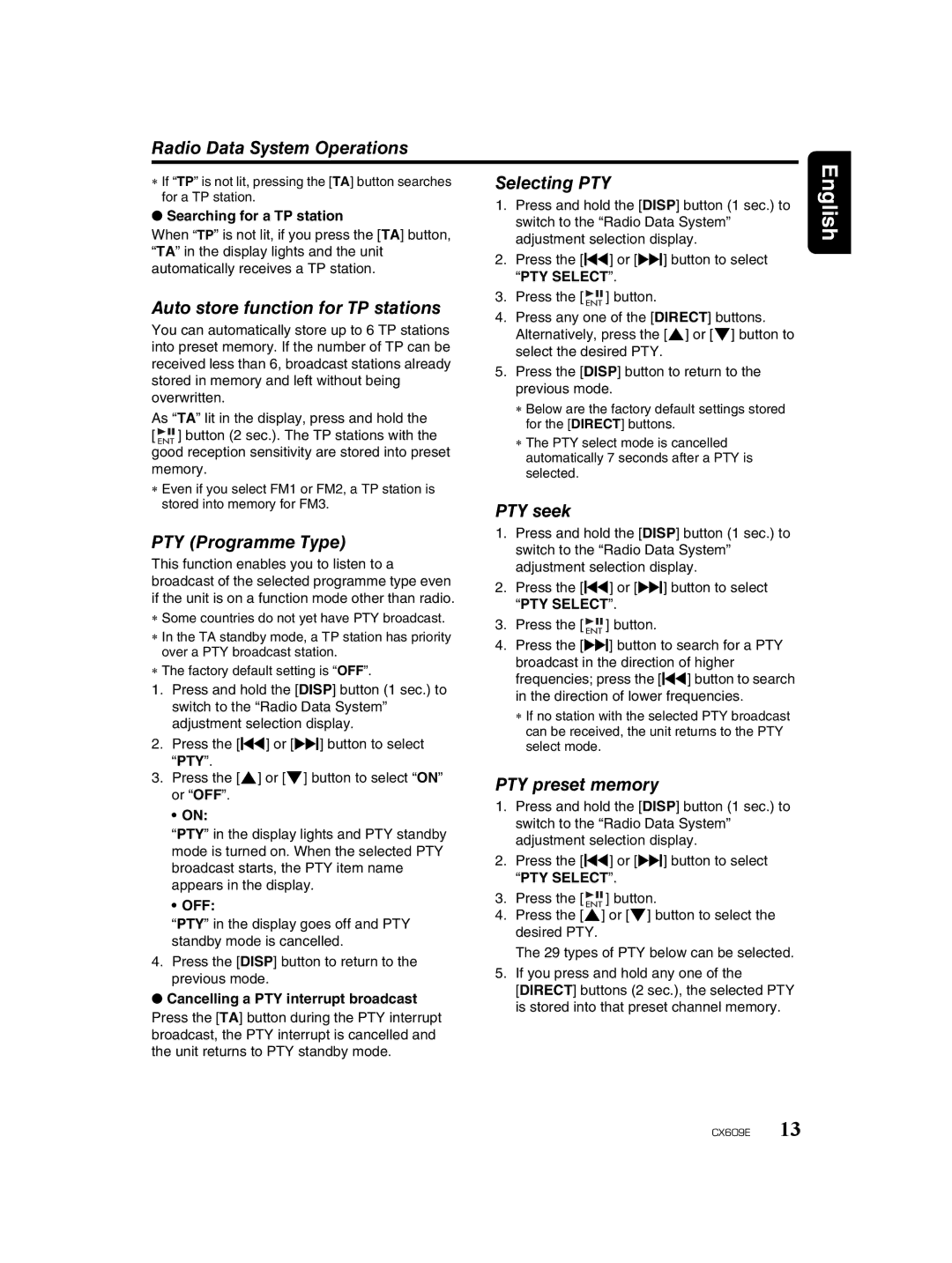 Clarion CX609E Radio Data System Operations, Selecting PTY, Auto store function for TP stations, PTY preset memory 