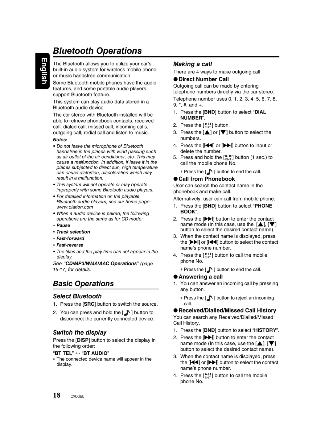 Clarion CX609E owner manual Bluetooth Operations, Making a call, Select Bluetooth, Switch the display 