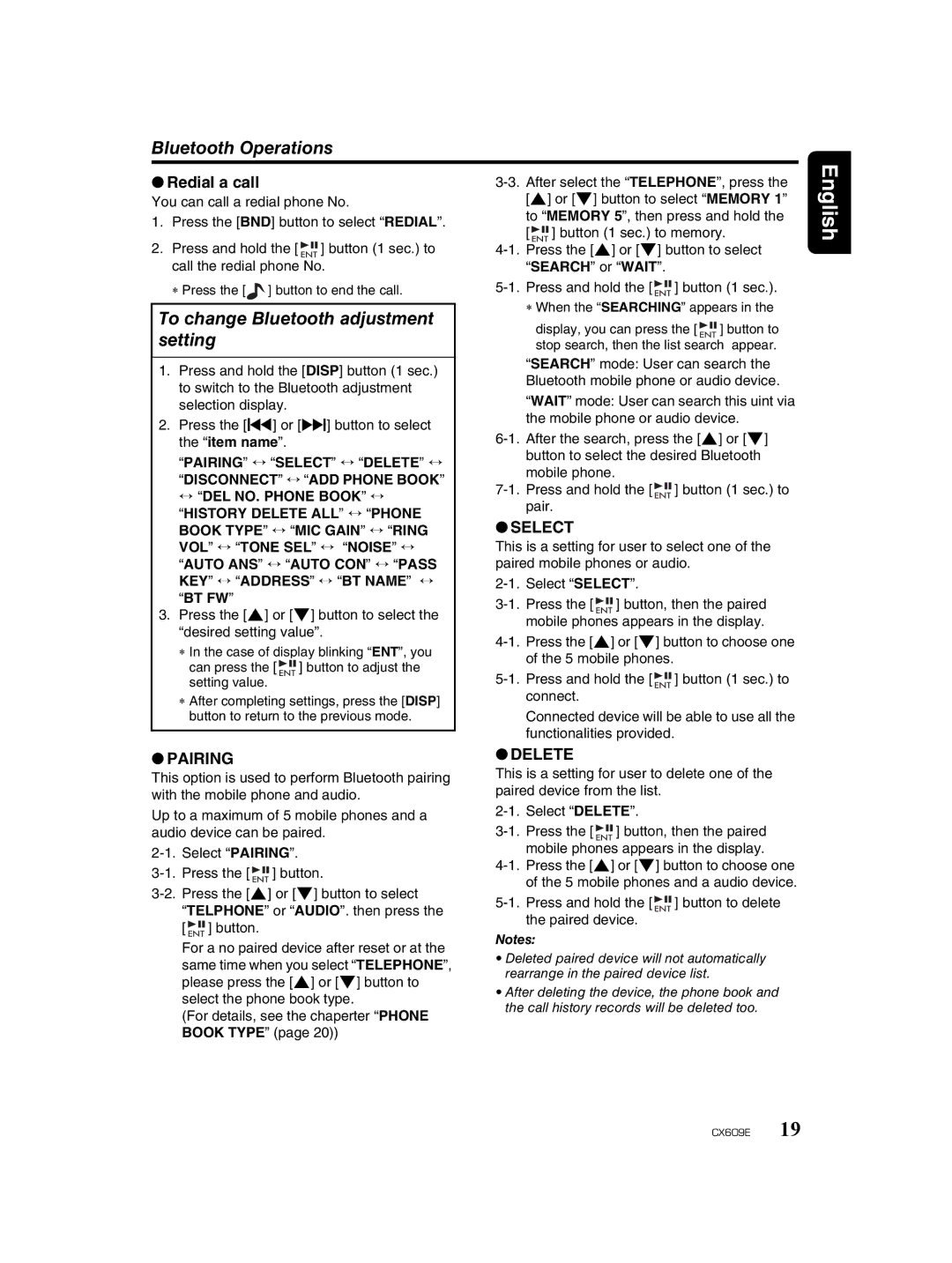 Clarion CX609E owner manual Bluetooth Operations, To change Bluetooth adjustment setting, Redial a call 