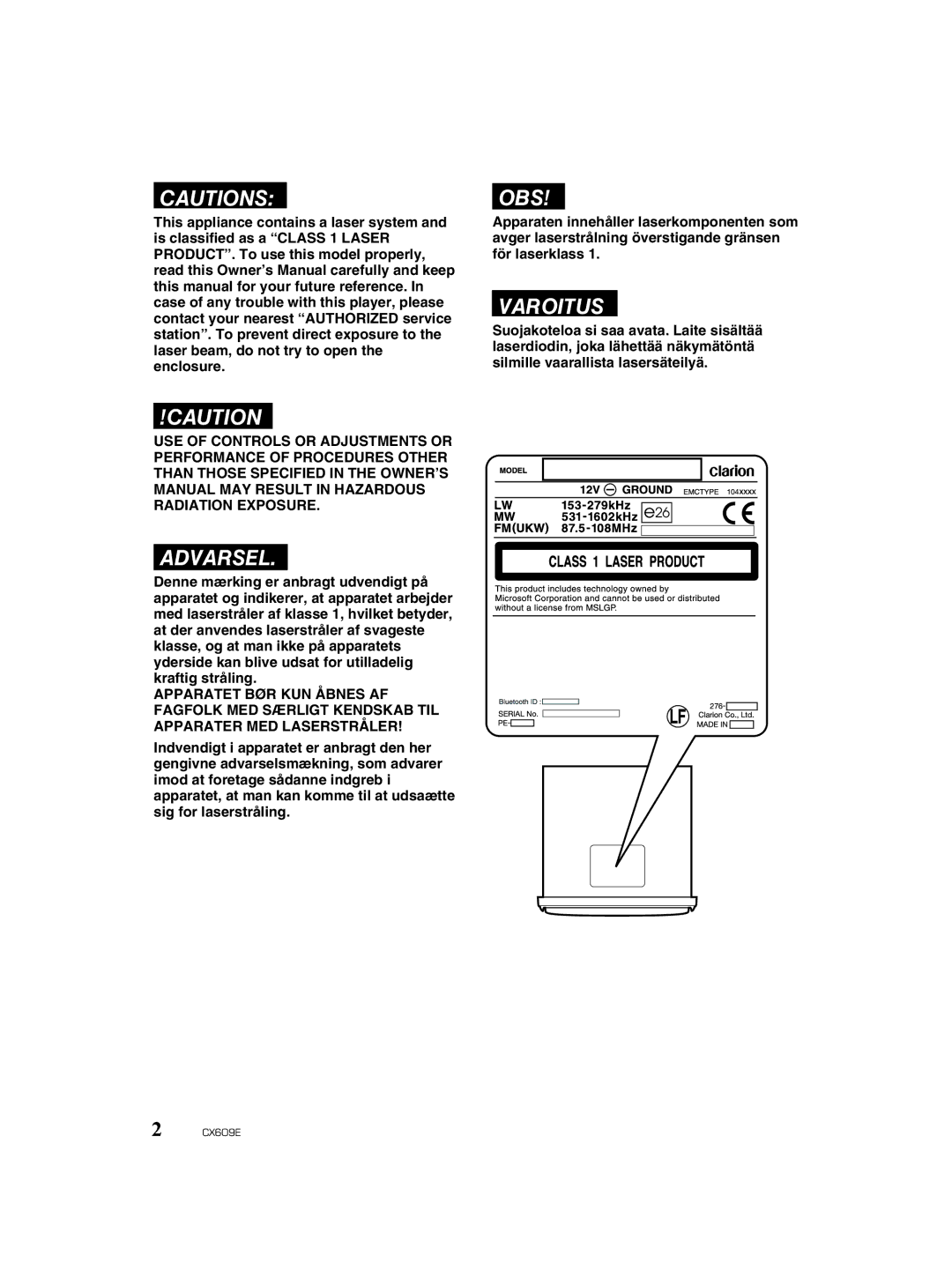 Clarion CX609E owner manual Obs 