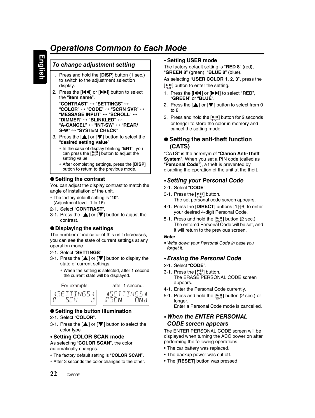 Clarion CX609E owner manual Operations Common to Each Mode, To change adjustment setting, Setting your Personal Code 