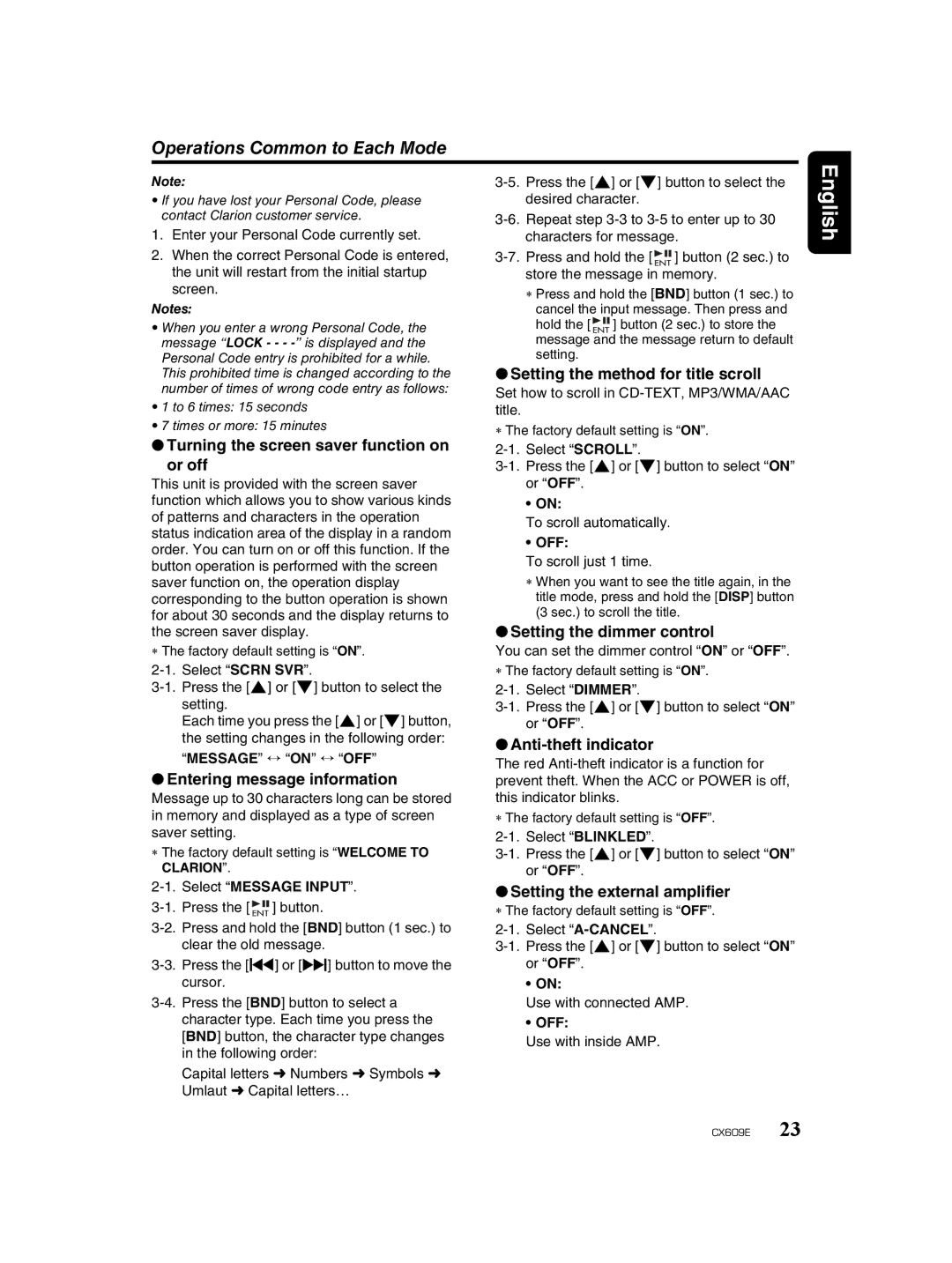 Clarion CX609E owner manual Operations Common to Each Mode 