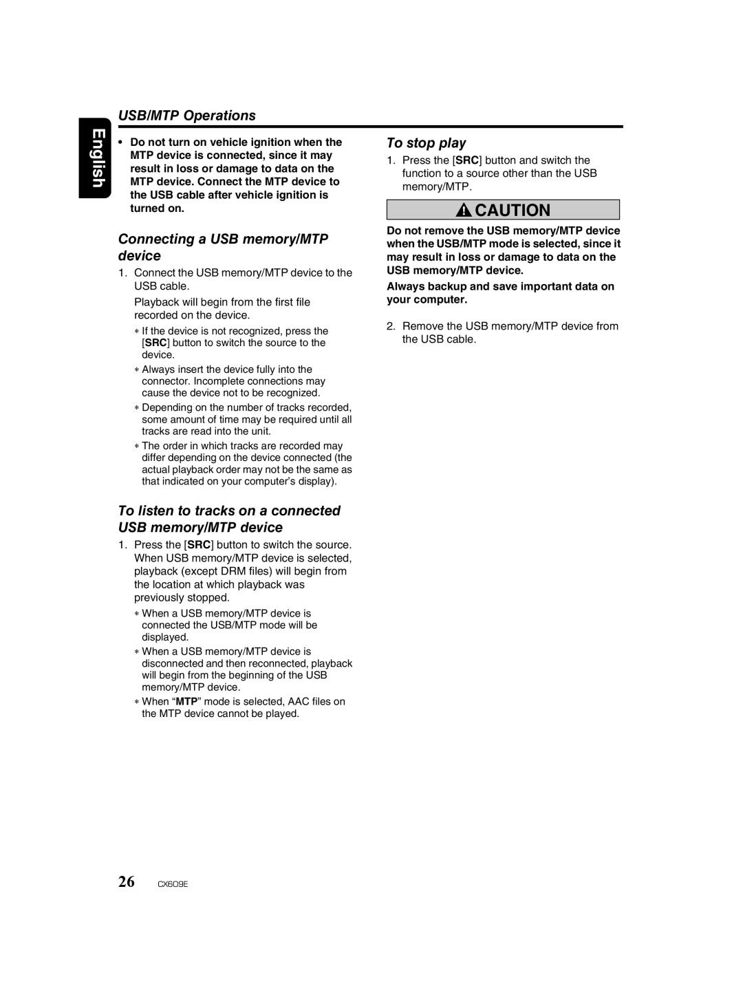 Clarion CX609E owner manual USB/MTP Operations, Connecting a USB memory/MTP device, To stop play 