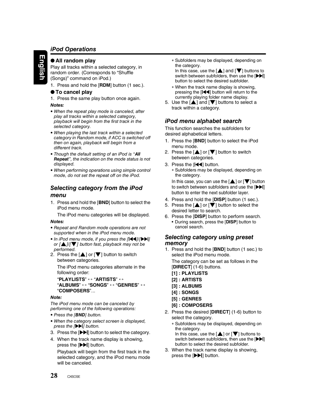 Clarion CX609E IPod Operations, Selecting category from the iPod menu, IPod menu alphabet search, All random play 