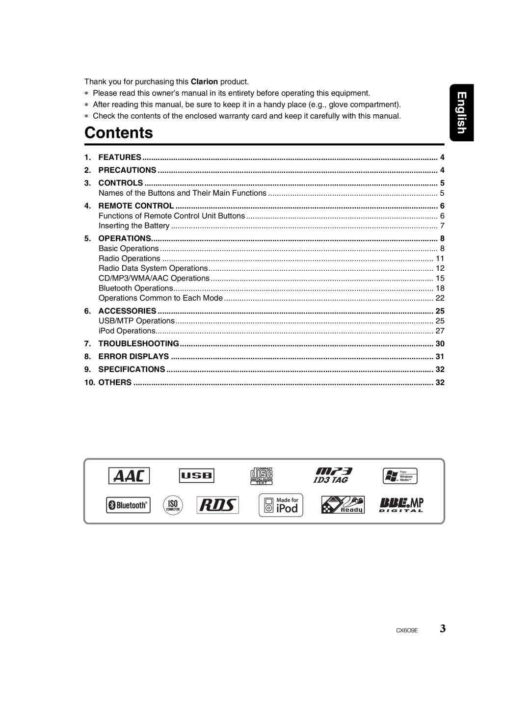 Clarion CX609E owner manual Contents 