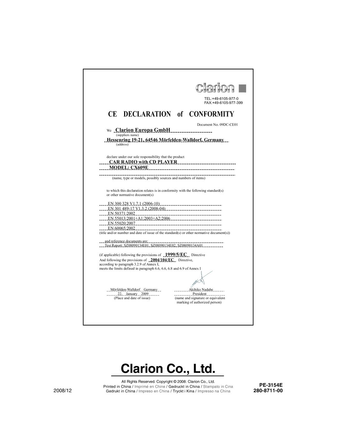 Clarion CX609E owner manual CE Declaration of Conformity, PE-3154E 