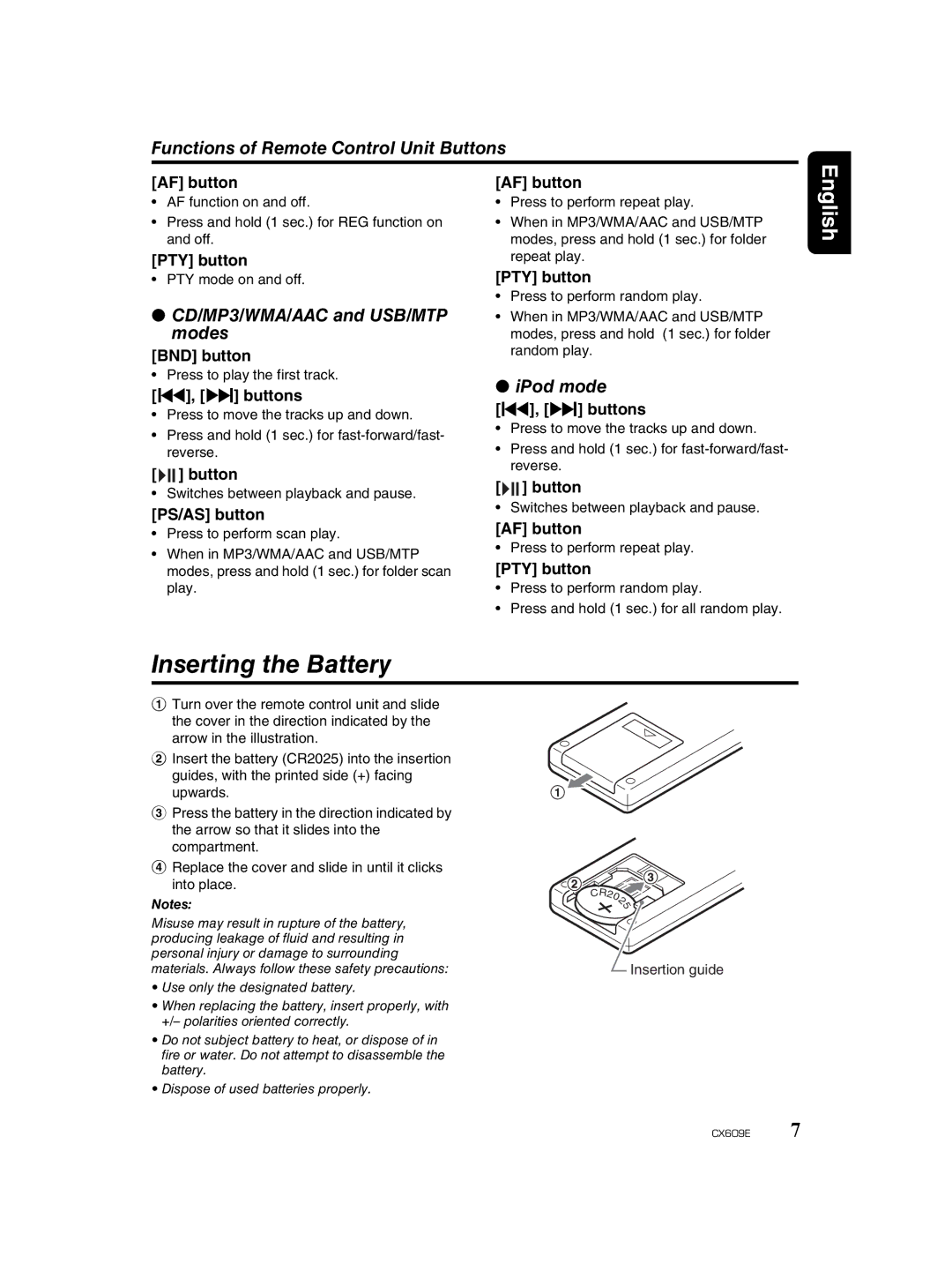 Clarion CX609E Inserting the Battery, Functions of Remote Control Unit Buttons, CD/MP3/WMA/AAC and USB/MTP modes 