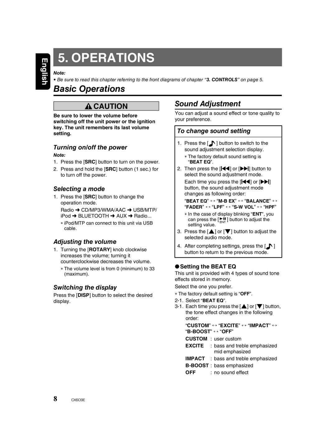 Clarion CX609E owner manual Basic Operations 