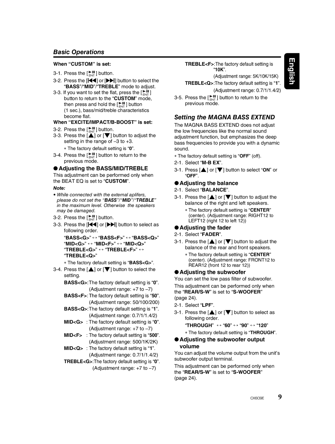 Clarion CX609E owner manual Basic Operations, Setting the Magna Bass Extend 