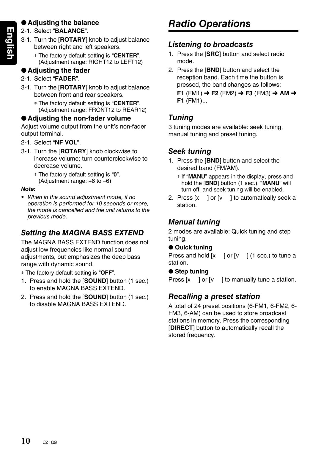 Clarion CZ109 owner manual Radio Operations 