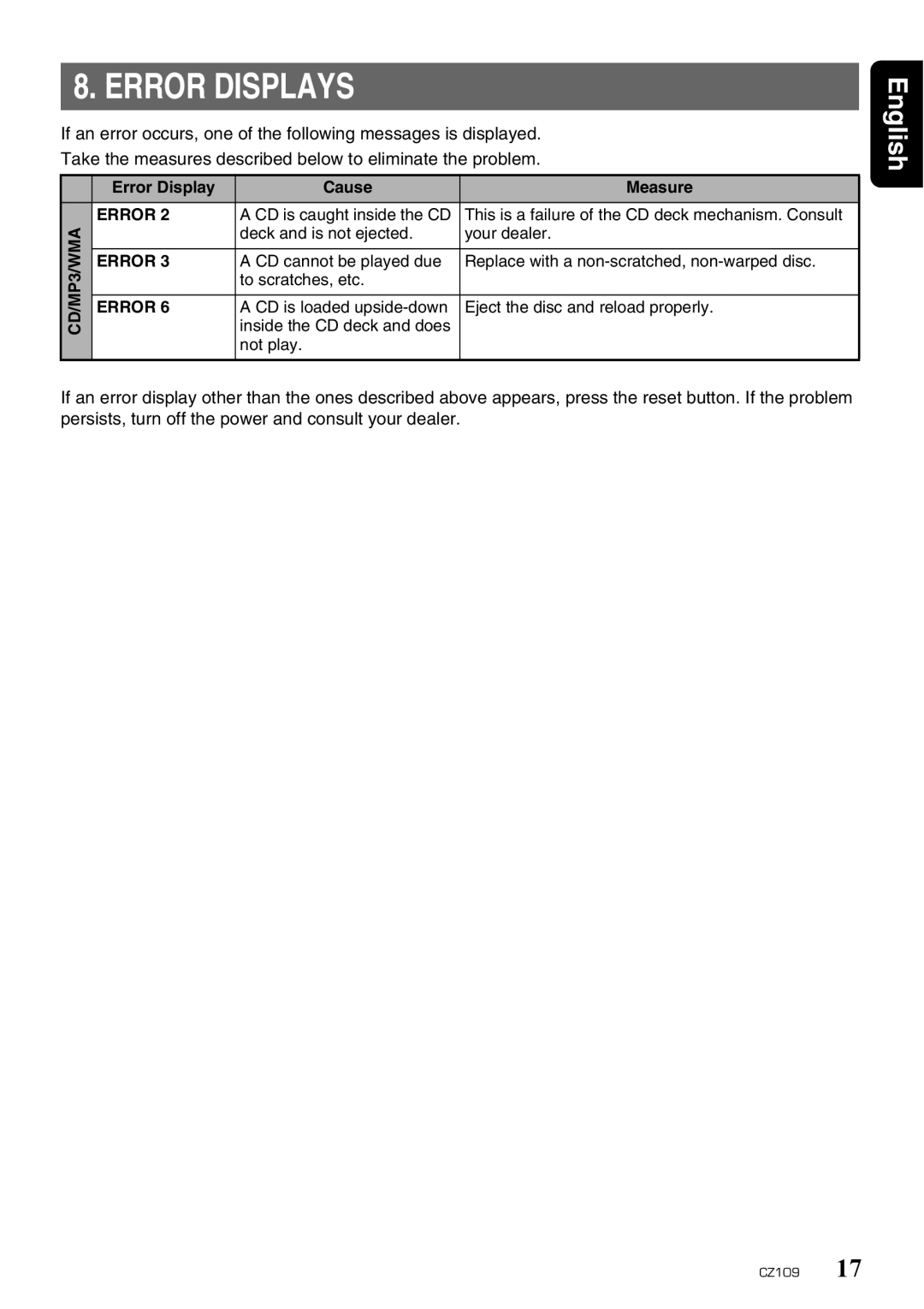 Clarion CZ109 owner manual Error Displays 