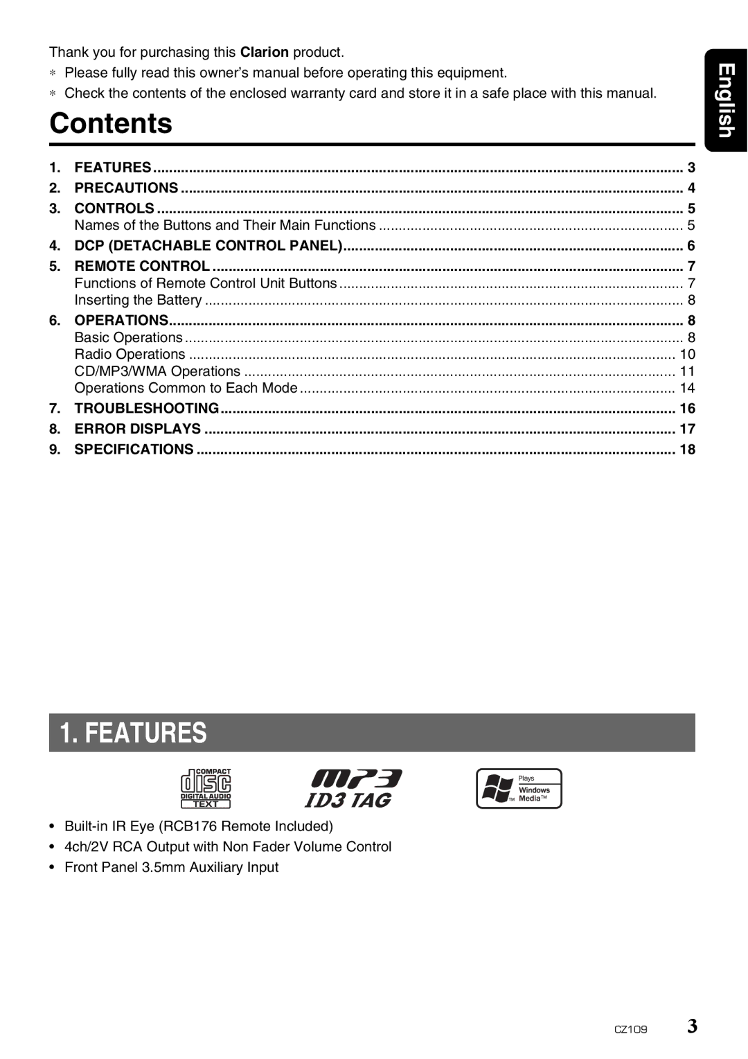 Clarion CZ109 owner manual Contents, Features 