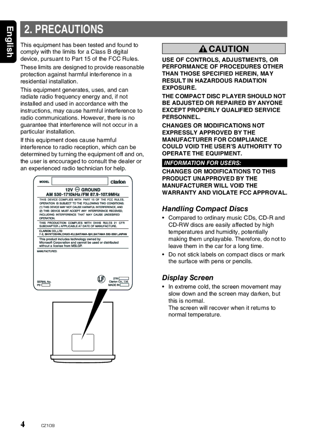 Clarion CZ109 owner manual Precautions, Handling Compact Discs, Display Screen 