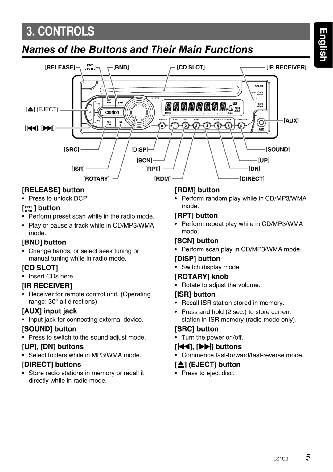 Clarion CZ109 owner manual Controls, Names of the Buttons and Their Main Functions 