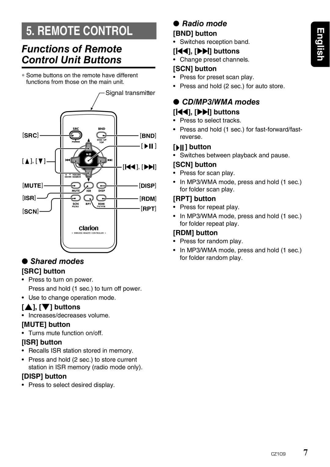 Clarion CZ109 owner manual Functions of Remote Control Unit Buttons, Shared modes, Radio mode, CD/MP3/WMA modes 