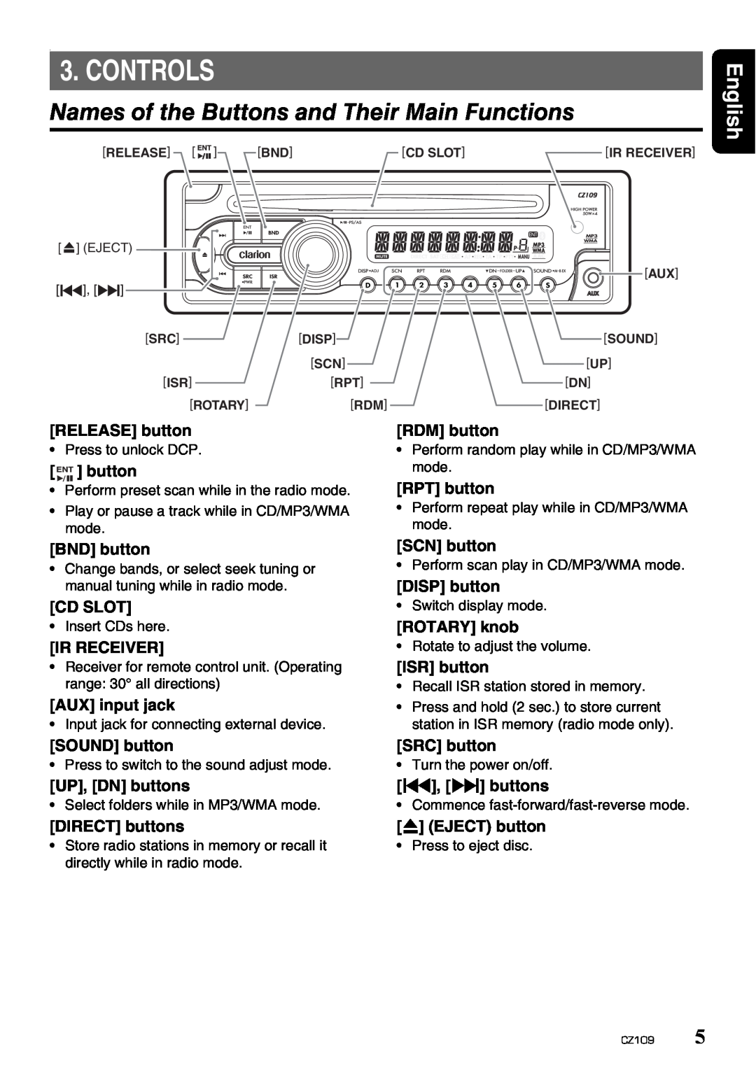 Clarion CZ109 owner manual Controls, Names of the Buttons and Their Main Functions, English 