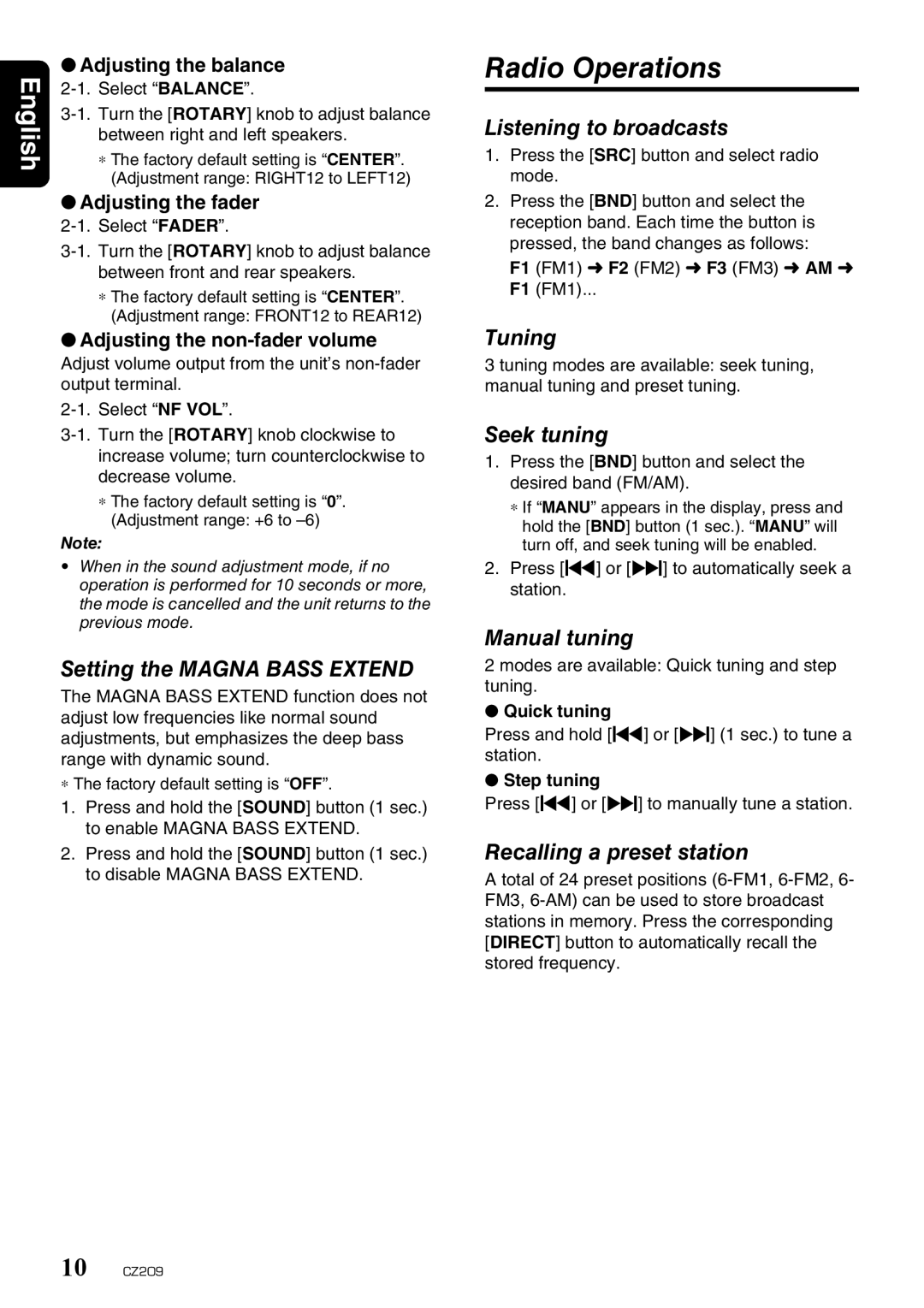 Clarion CZ209 owner manual Radio Operations 