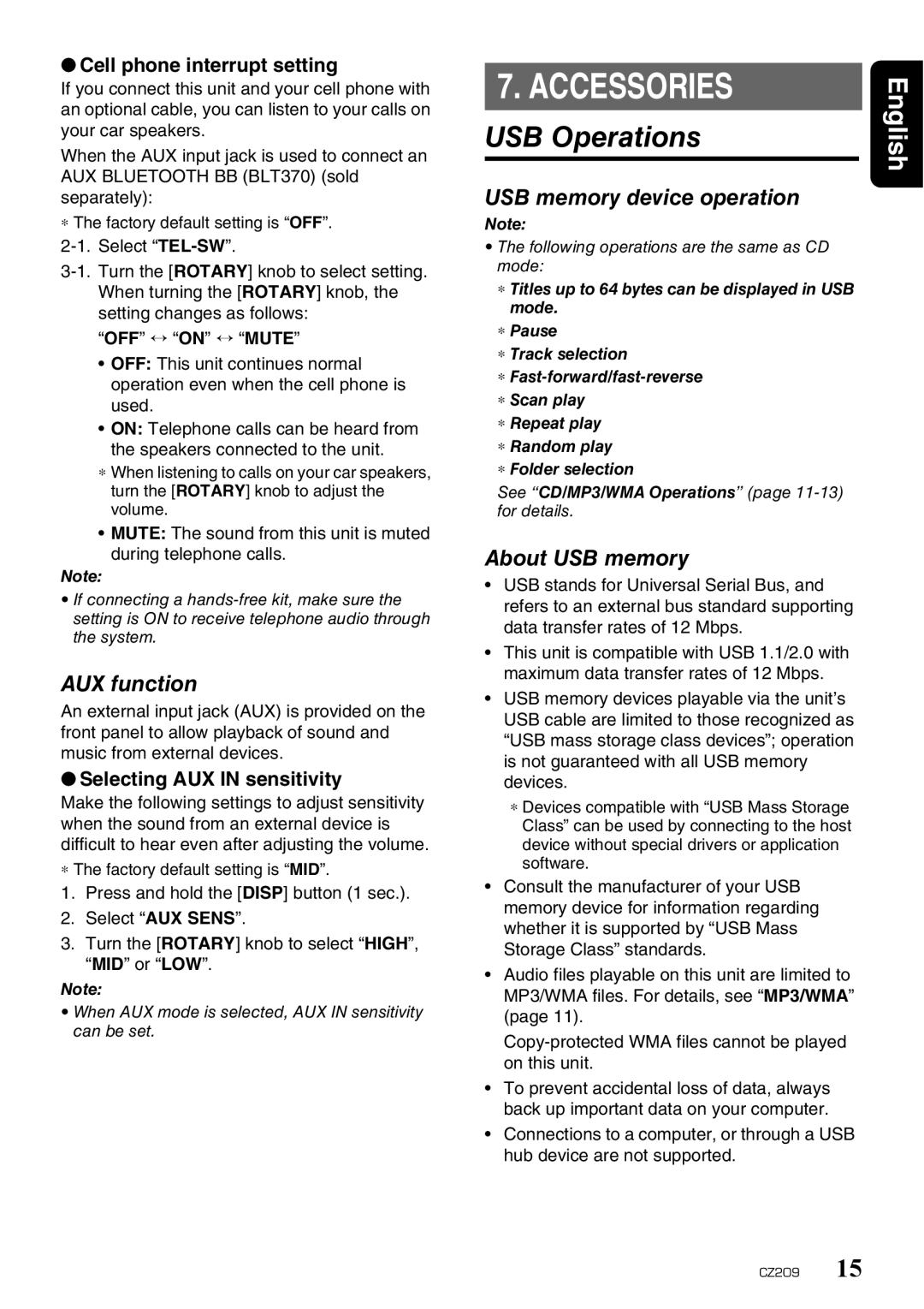 Clarion CZ209 owner manual Accessories, USB Operations, AUX function, USB memory device operation, About USB memory 