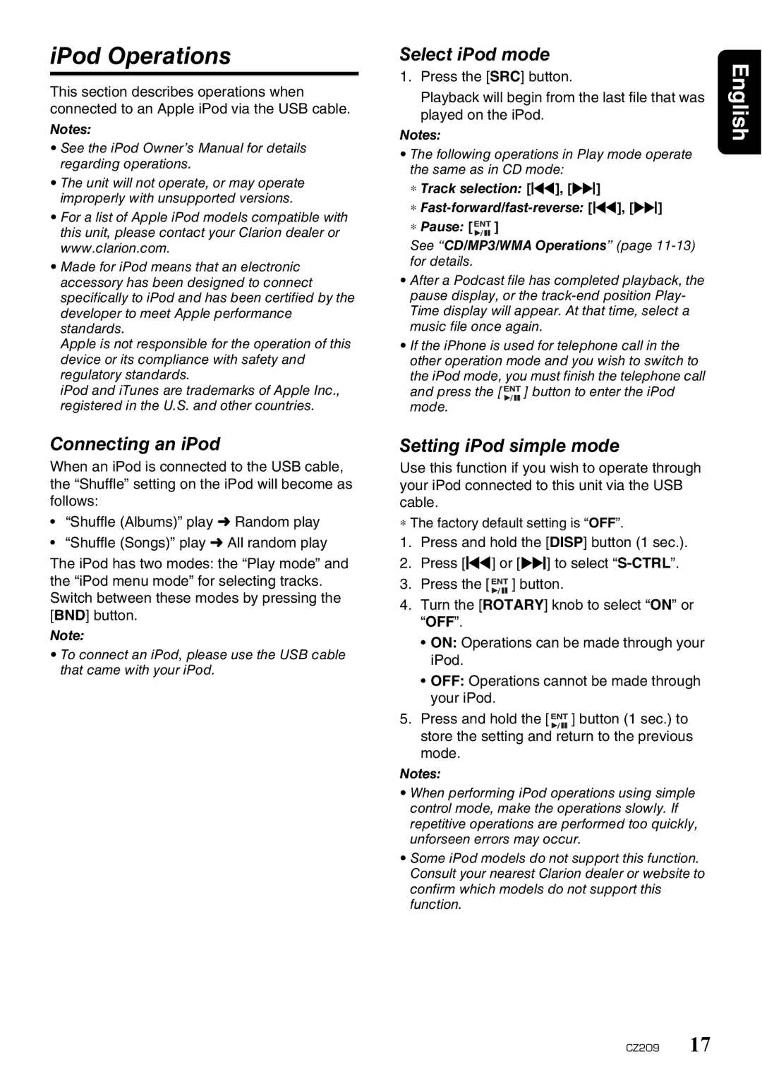 Clarion CZ209 owner manual IPod Operations, Connecting an iPod, Select iPod mode, Setting iPod simple mode 