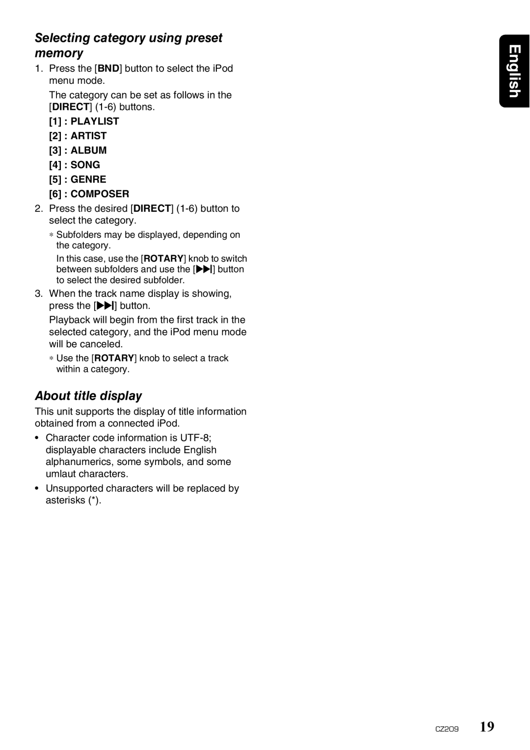 Clarion CZ209 Selecting category using preset memory, About title display, Playlist, Artist Album Song Genre, Composer 