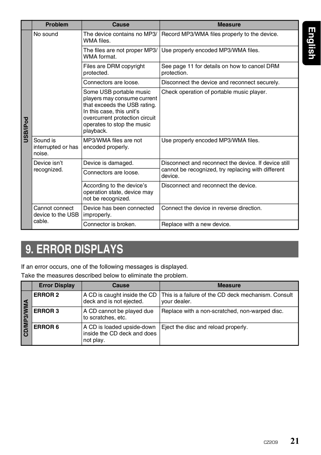 Clarion CZ209 owner manual Error Displays, English 