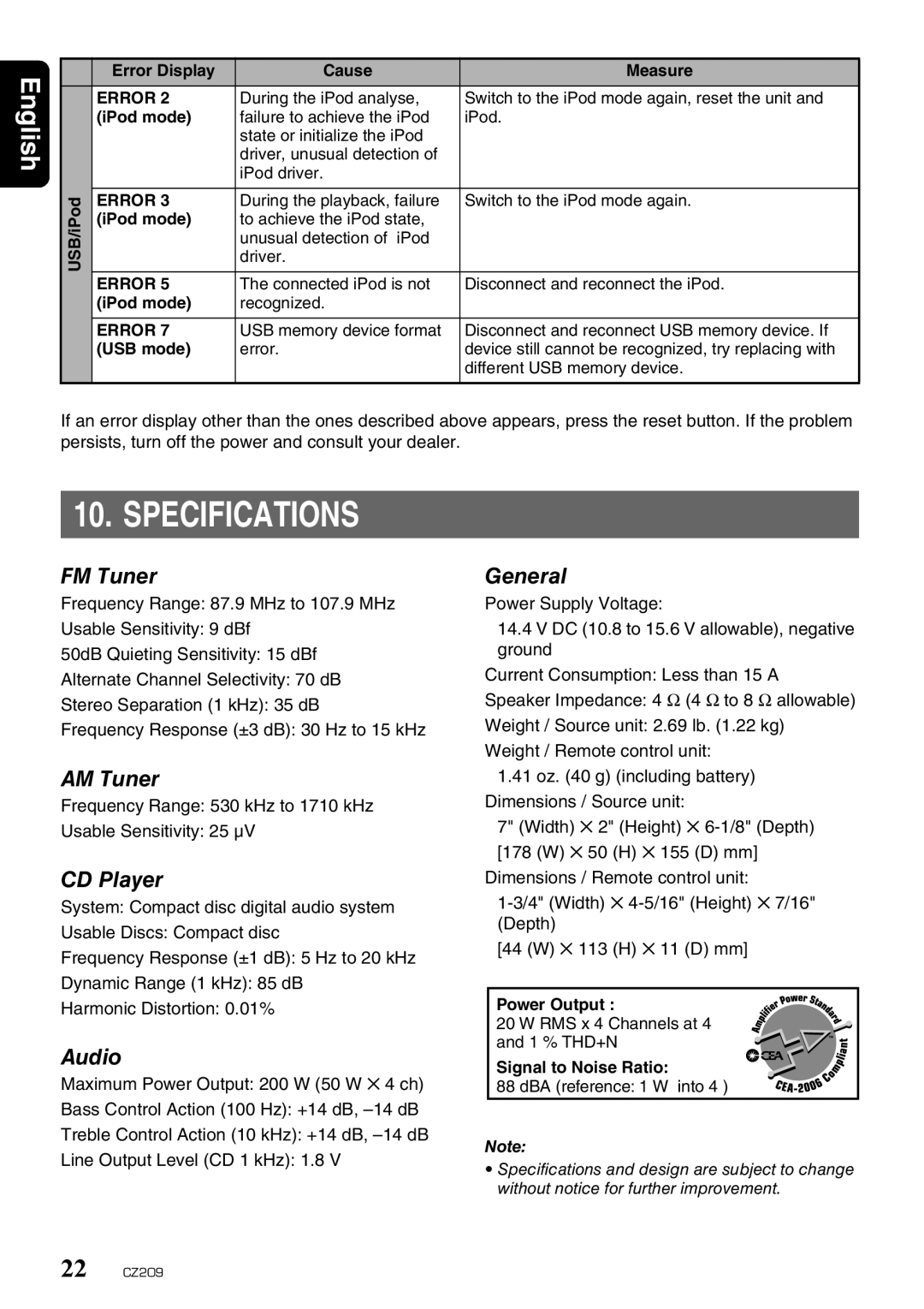 Clarion CZ209 owner manual Specifications 