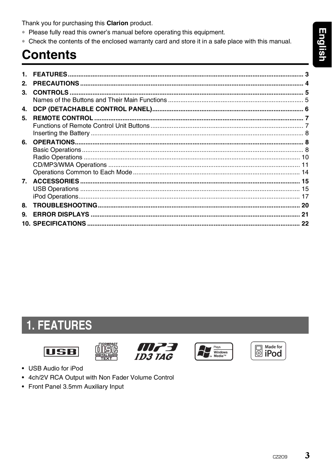 Clarion CZ209 owner manual Contents, Features 